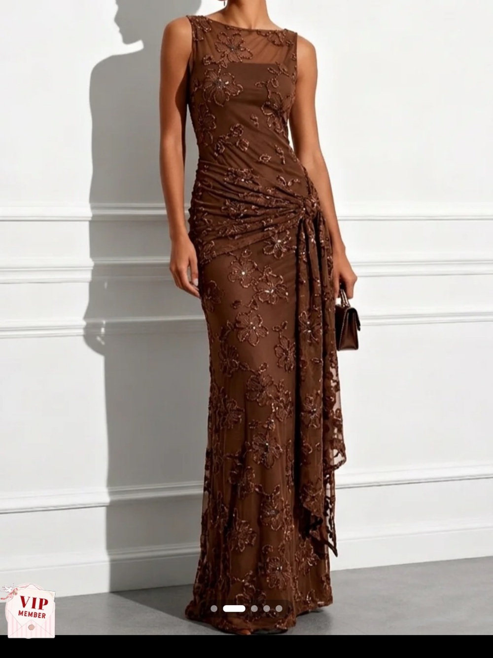 Elegant Brown Embellished Maxi Dress with Side Drape